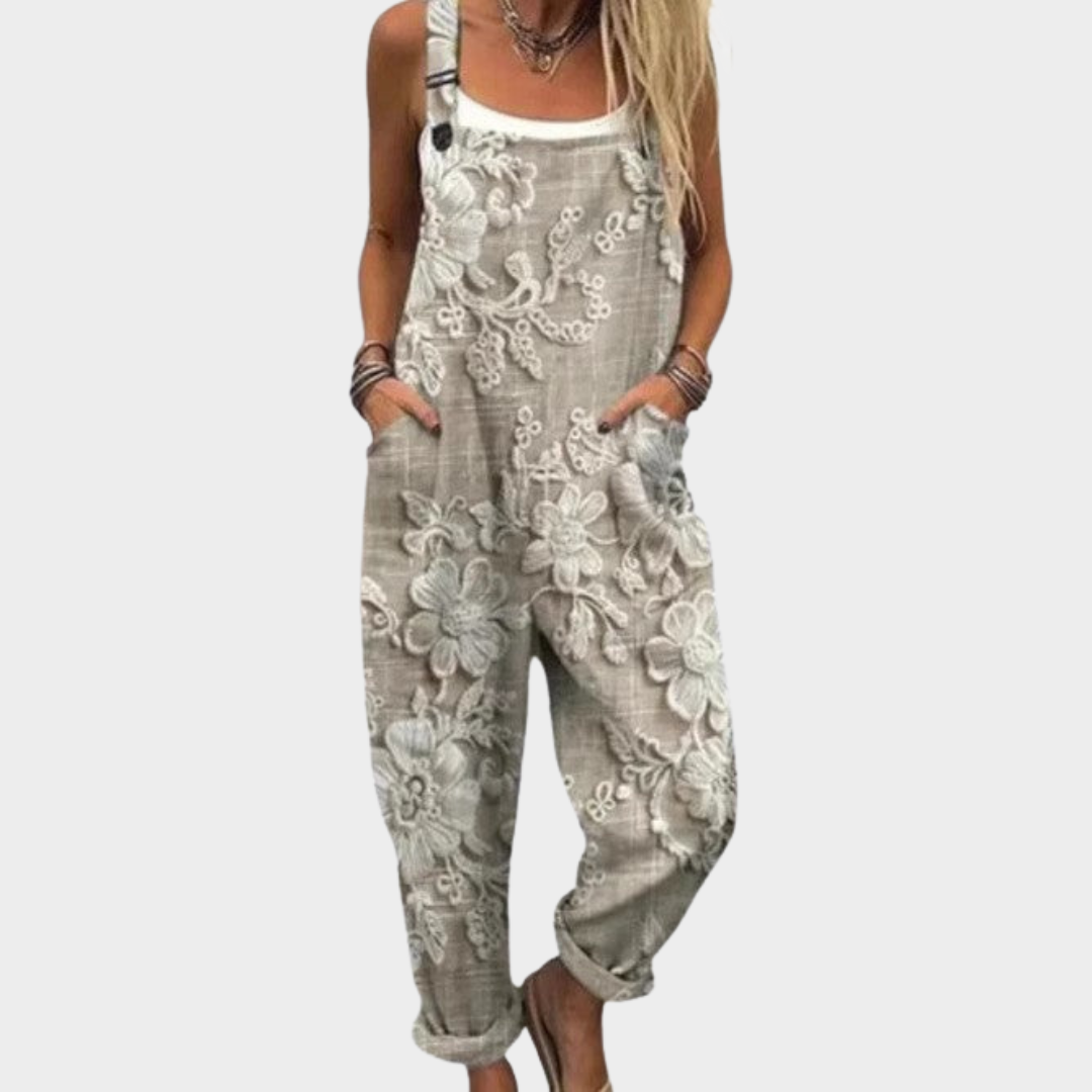 Dam mönstrad bekväm jumpsuit i grå färg med rymlig passform och fickor