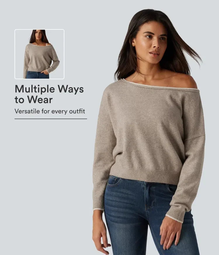 Kvinna som bär en beige enaxlad långärmad tröja framifrån