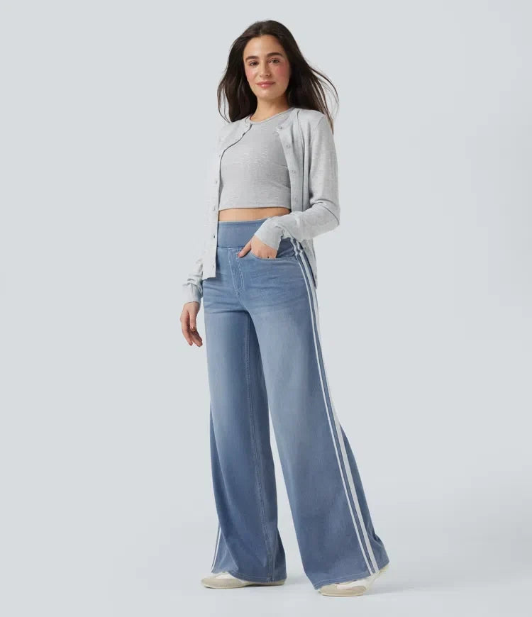 Högmidjade denimbyxor med vida ben och sportiga sidoränder