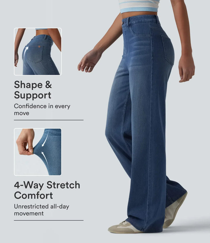 Texturstur och denimtyg på stretchiga vardagsbyxor