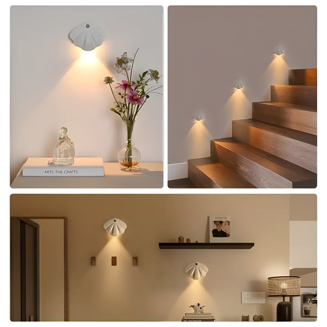 Vit LED-lampa med rörelsesensor i mysig hemmamiljö med blommor