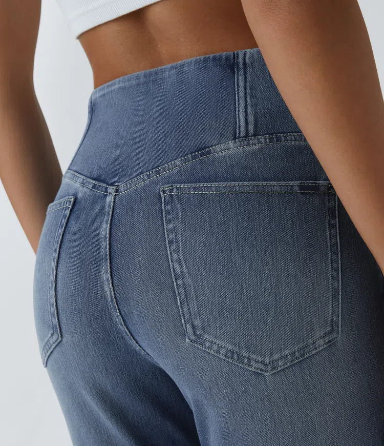 Mörka damjeans med hög midja och utsvängda ben, stretchmodell
