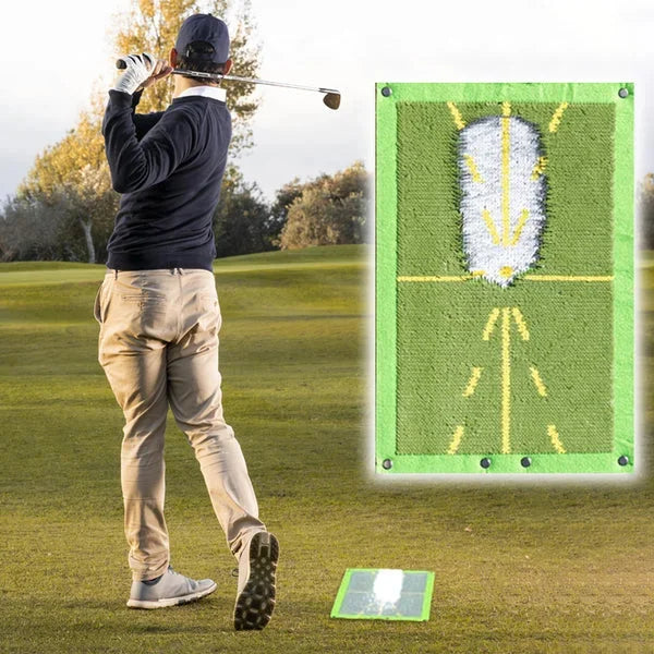Golfare som använder golfträningsmatta utomhus