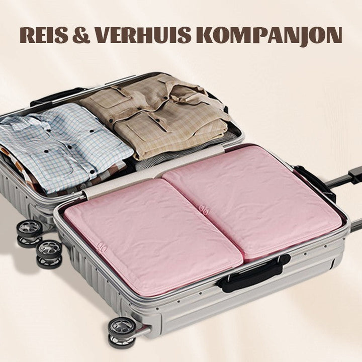Detaljbild på dragkedja och söm på förvaringspåse med kompression