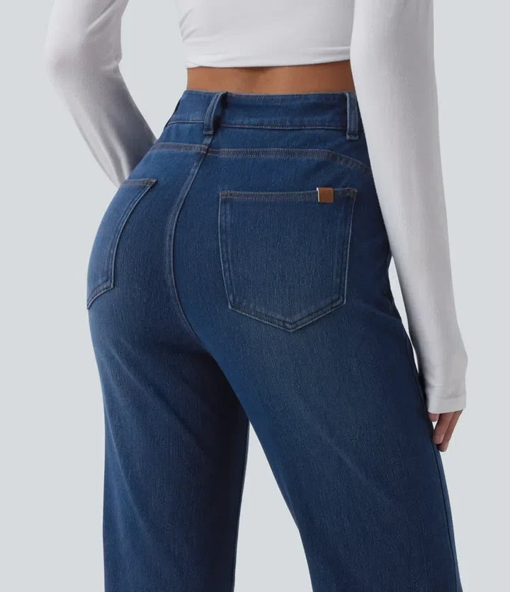 Blå stretchiga bootcut byxor med unik omlottlinning för kvinnor