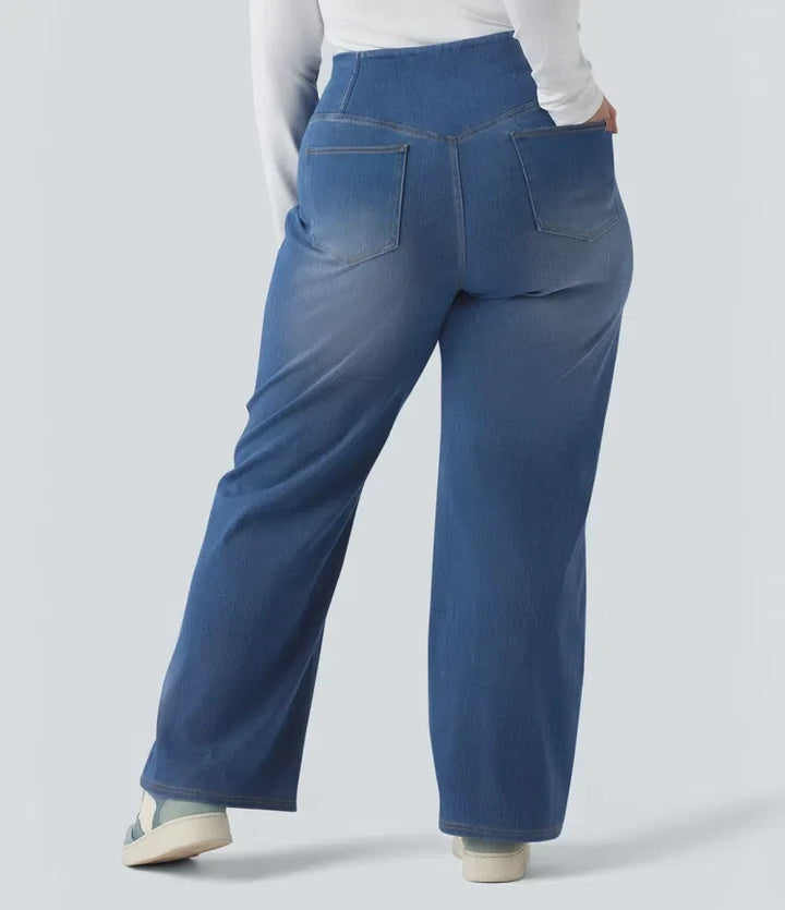 Baksida av de bekväma plusstorleksjeansen med fickor och rak passform