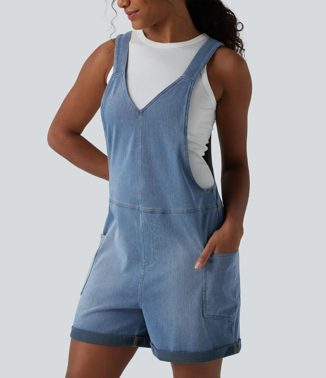 Tvättad jeansoverall för damer, ärmlös kort modell med ledig passform