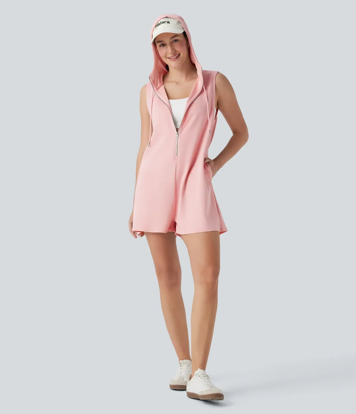 Modern damjumpsuit med huva och blixtlås i knälång design