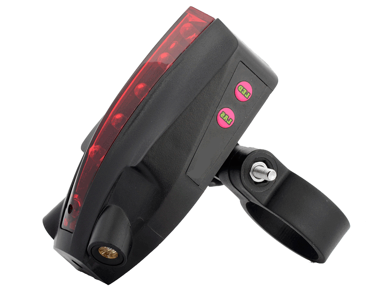 Närbild på en svart cykellampa med laser- och LED-funktioner
