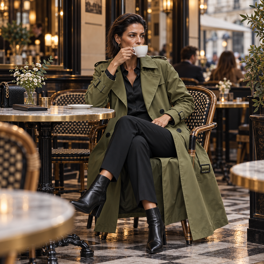 Kvinna sittande på uteservering i militärgrön trenchcoat med kaffekopp