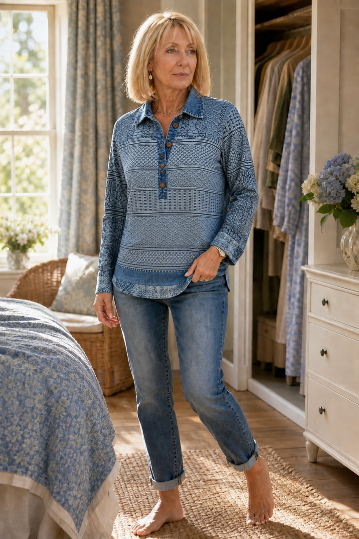 Kvinna stående i sovrummet med blus och jeans