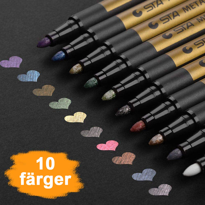 "10 metallic färgpennor, vattentäta, i olika färger för all användning, kreativa projekt och konstverk."