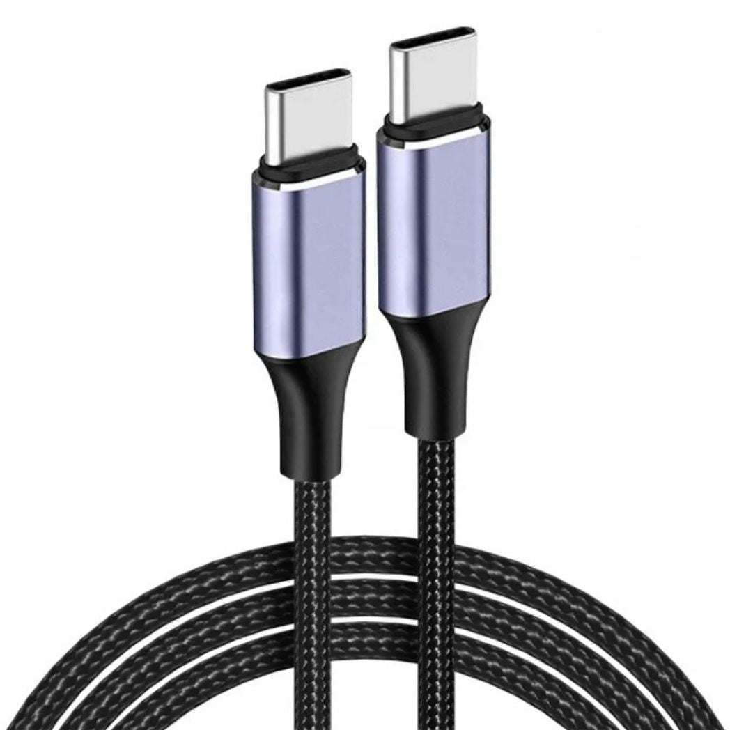 Närbild på USB C-kontakter och flätad textur på kabeln