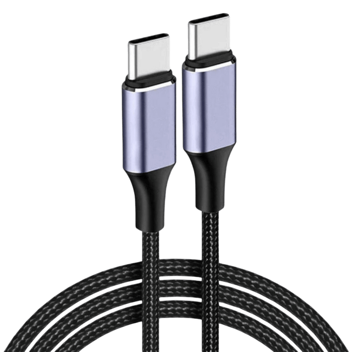 Två USB C-kontakter på en svart flätad snabbladdningskabel