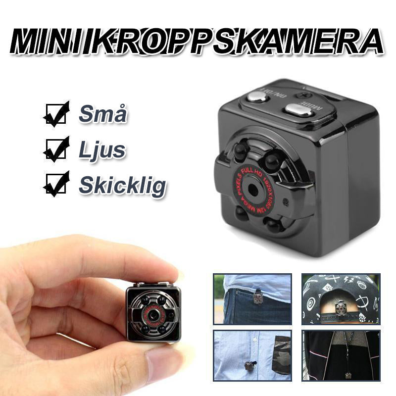 1080P Mini bodykamera med mörkerseende, ljud och klämmor, perfekt för diskret inspelning i varje miljö.