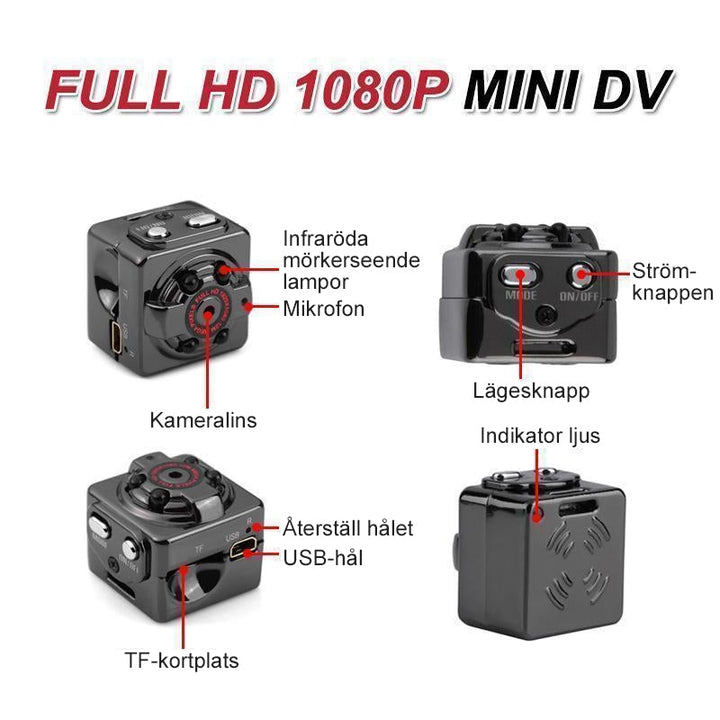 1080P Mini bodykamera med mörkerseende, ljud och klämmor, perfekt för diskret inspelning i varje miljö.