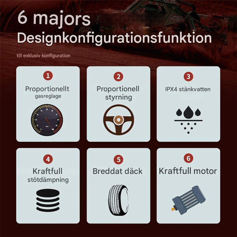 Fjärrstyrd bil i action på gräsunderlag med uppsprutande jord