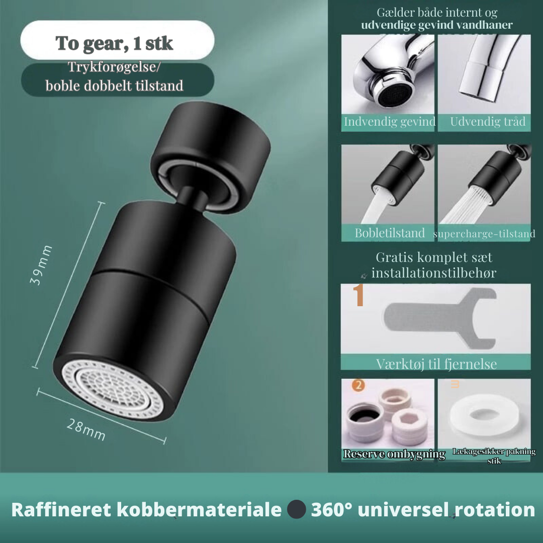 Universal kranmunstycke med 720 graders rotation i rostfritt stål