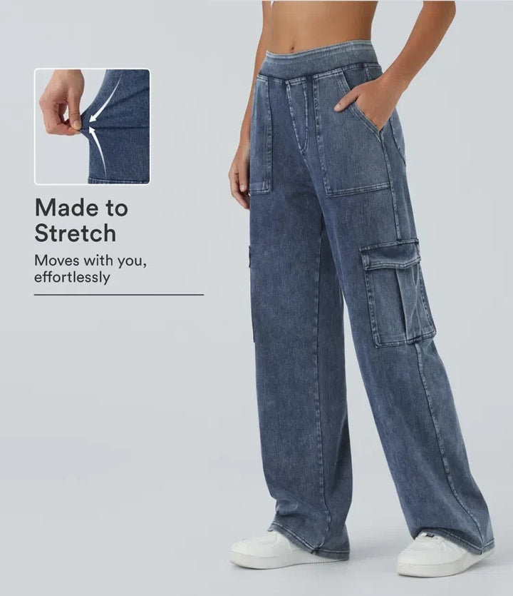 Damkläder stretchiga cargo jeans med raka ben och fickor