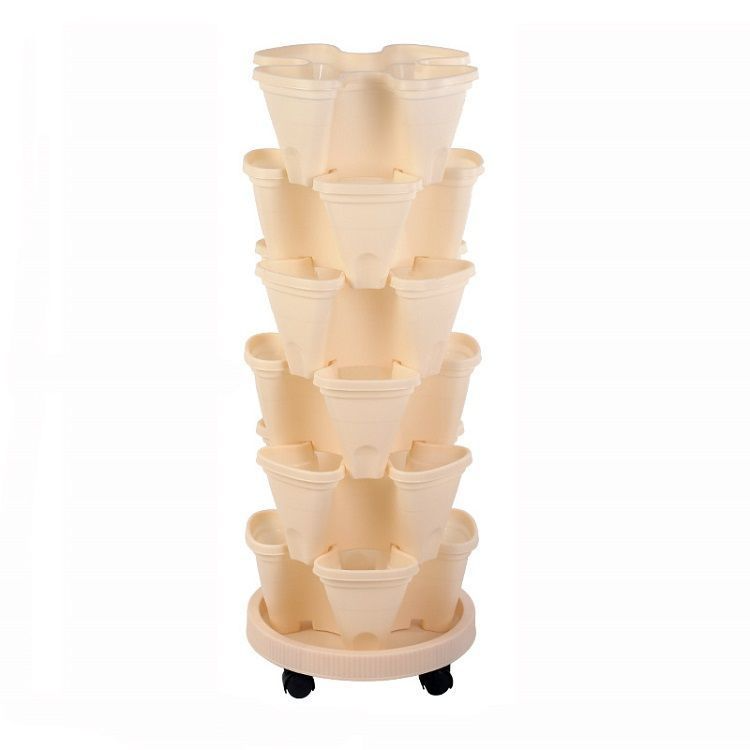 Beige 6-lagers vertikal växttorn med hjul