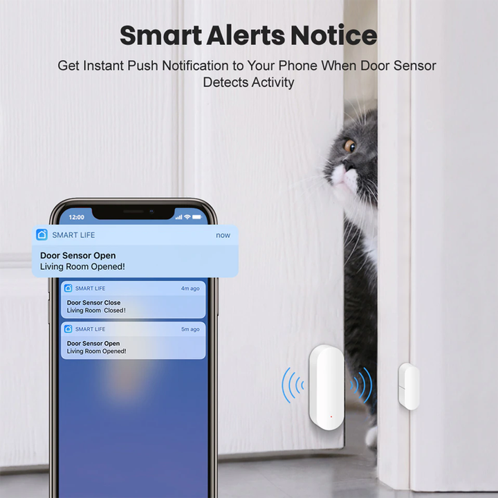 Dörrsensor monterad på dörr med mobilnotis som visas