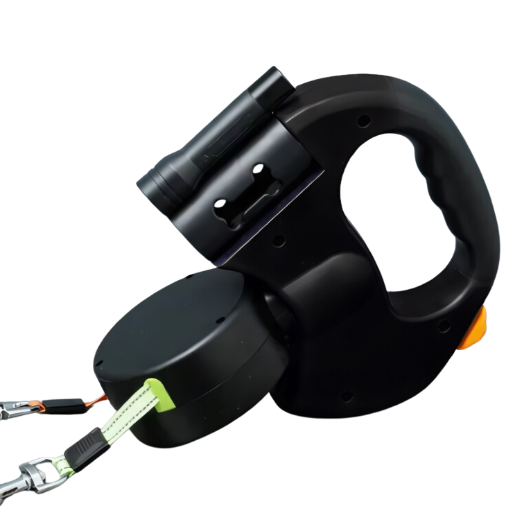 Svart dubbelt hundkoppel med ergonomiskt handtag