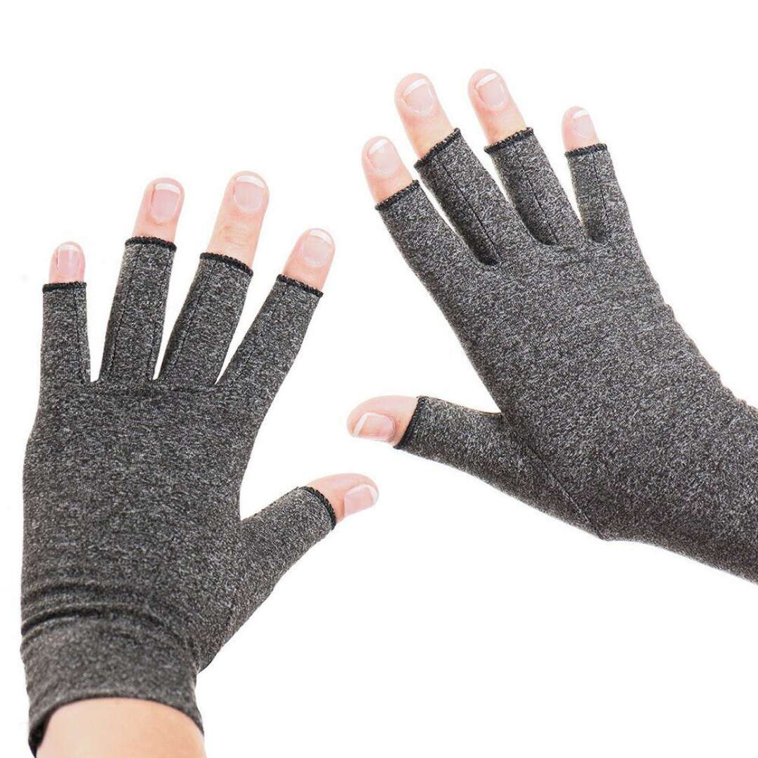 Grå stödhandskar i mjukt material mot handvärk och kyla