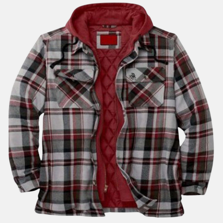 Grå rutig overshirt jacka med rött foder