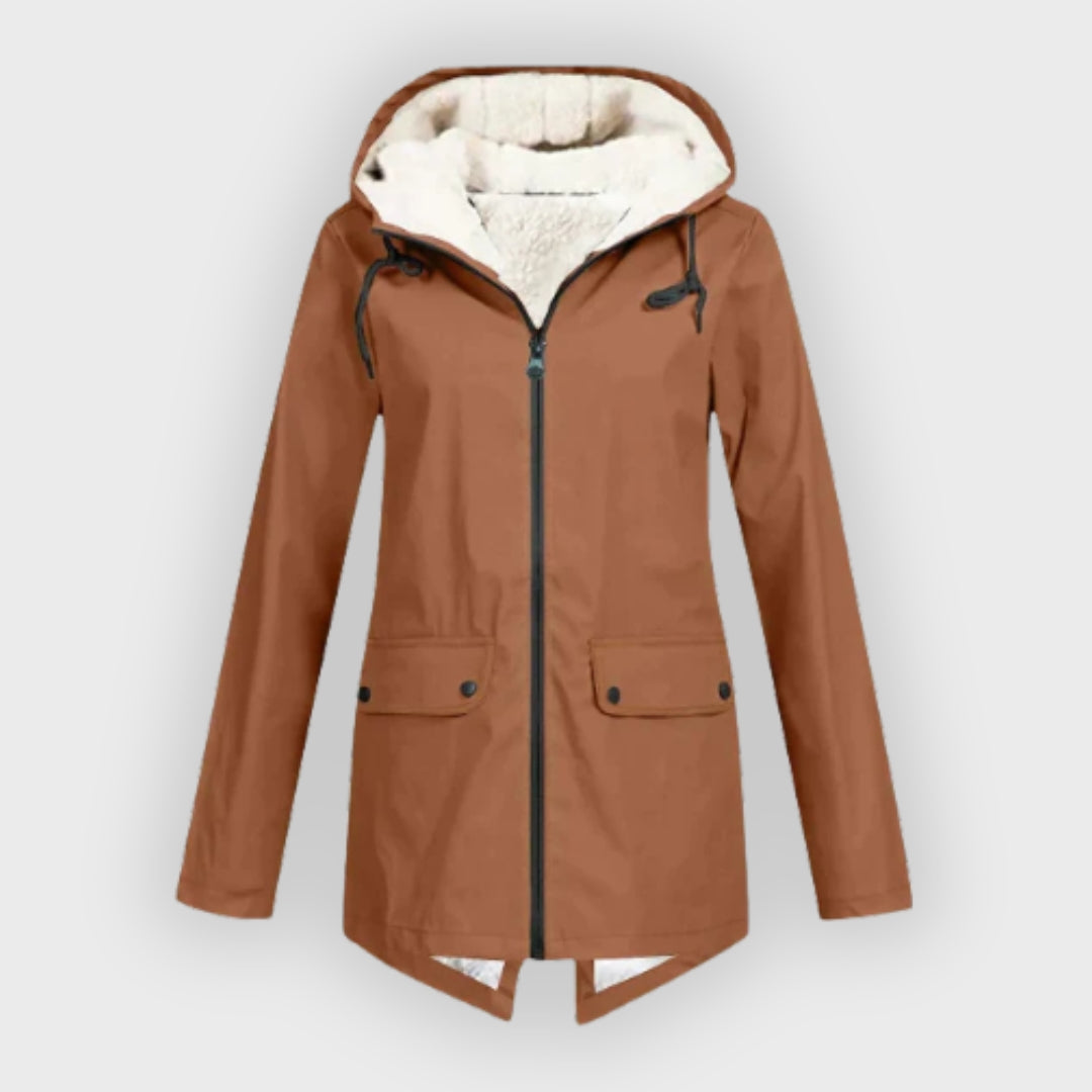 Brun dam trenchcoat med kapuschong framifrån