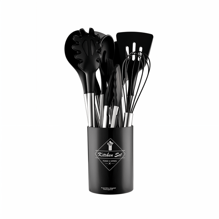 Modernt & stilrent 12-delat köksredskapsset med värmetåliga nonstick-redskap. Elegant köksutrustning.