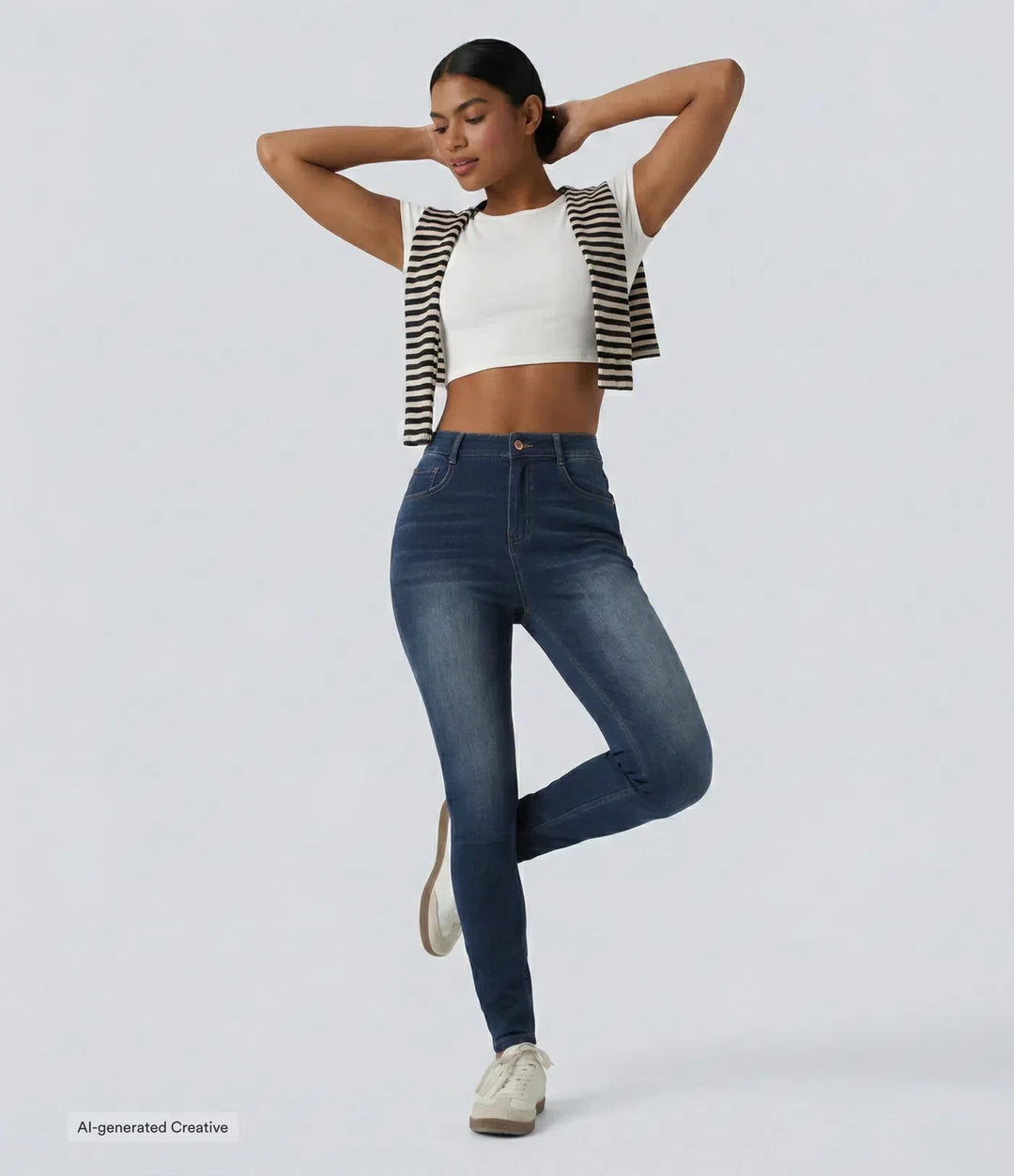 Helbild på modell i mörkblå vardagsjeans med vit topp