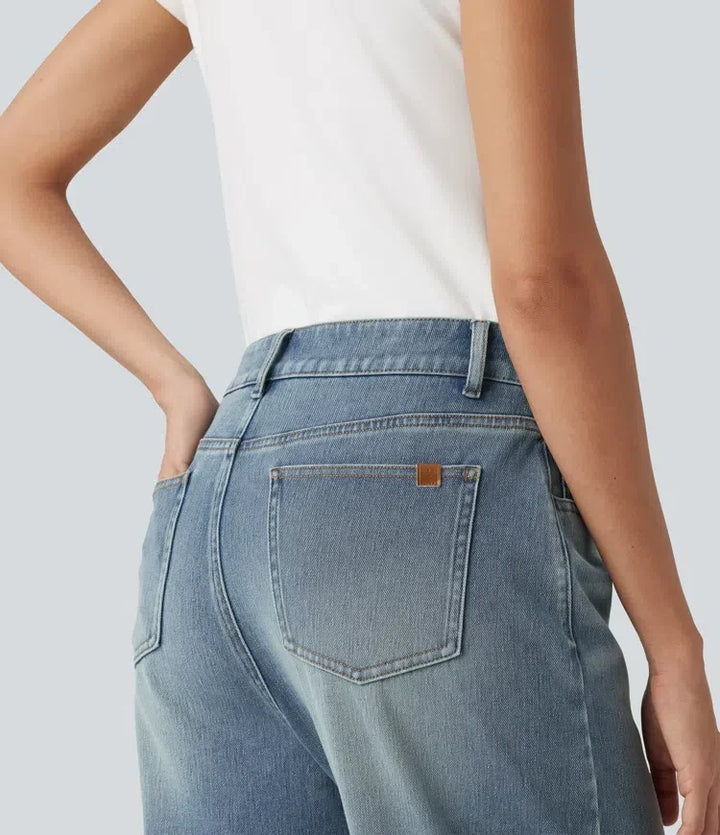 Snygga damkläder vardagsbyxor blå jeans med hög midja