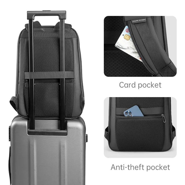 Minimalistisk laptopryggsäck med hårt skal bakifrån, stilren arbetsväska