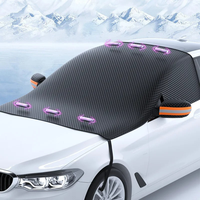 IceCover magnetiskt bilsnöskydd monterat på vit bil framifrån
