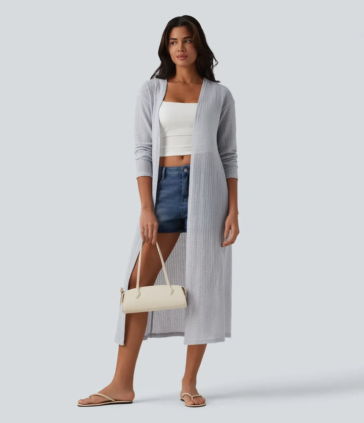 Beige lång stickad ytterklädeskappa för kvinnor, perfekt höstmode