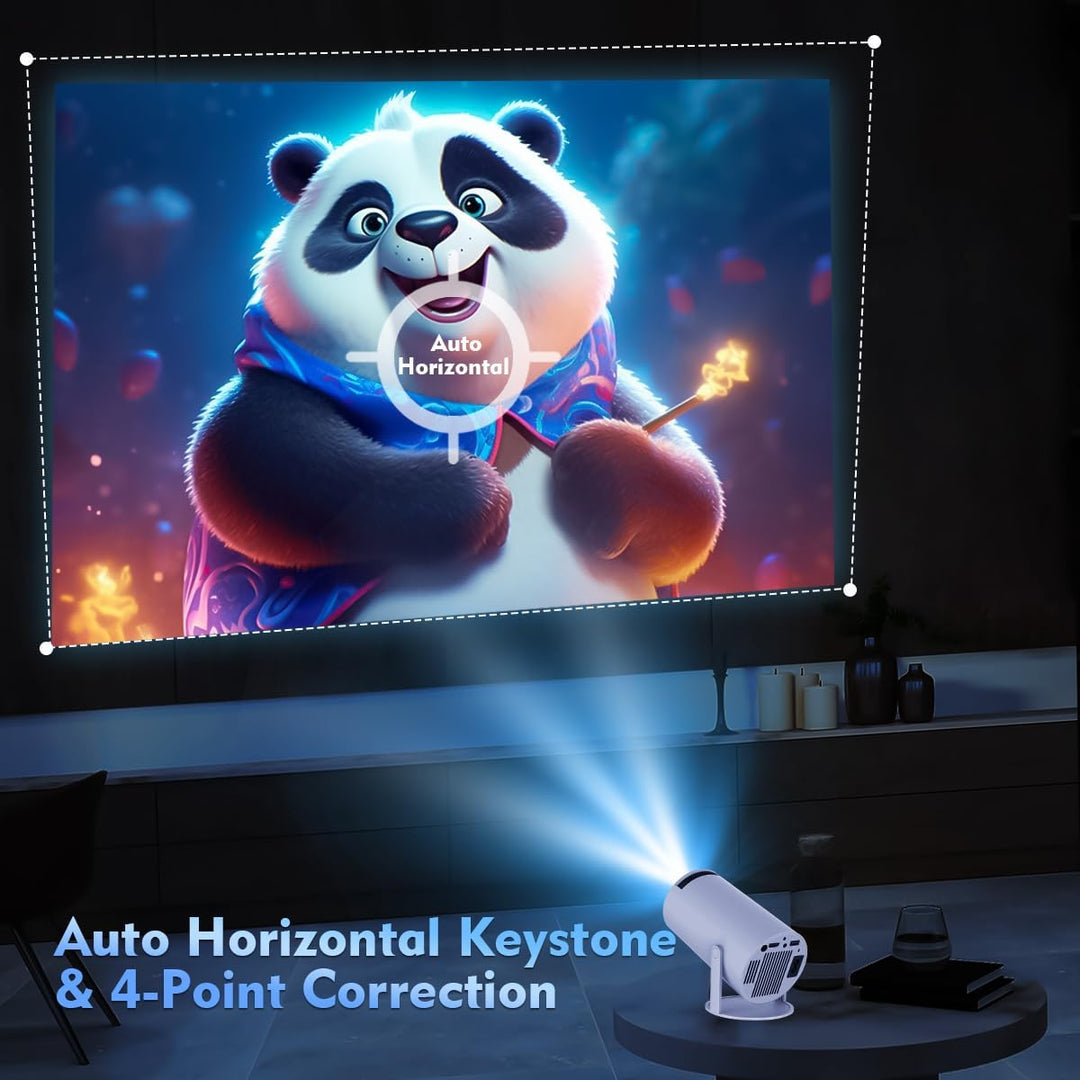 Bärbar 4K miniprojektor placerad på ett bord i ett mörkt rum för hemmabio