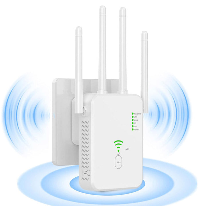 Vit WiFi-förstärkare med fyra antenner och signalvågor