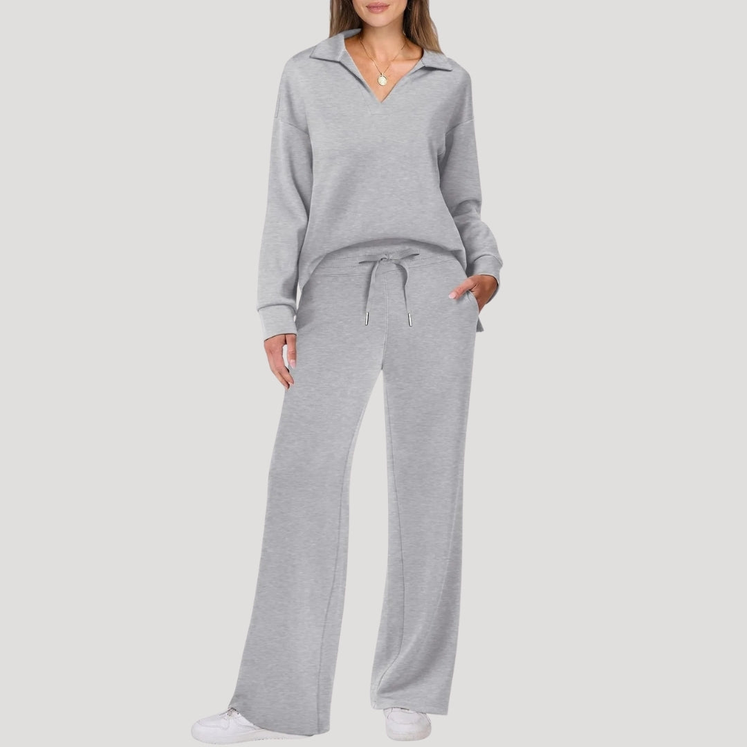 Detaljbild på det stickade tyget i ett bekvämt loungewear set för dam