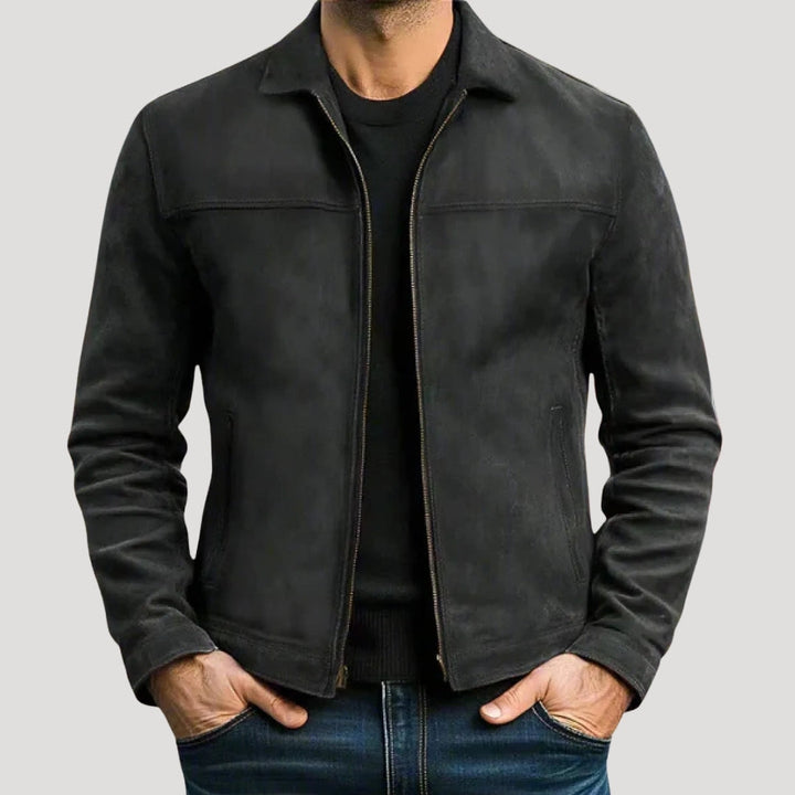 Svart herrjacka med dragkedja i modern stil på modell
