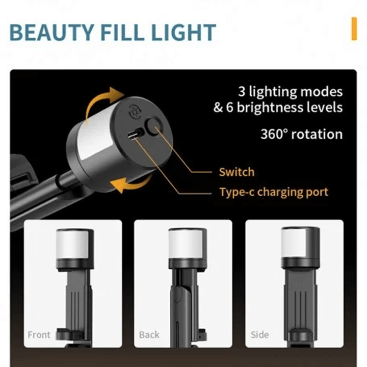 Kompakt reseutrustning med selfiestick-funktion och stabil bas