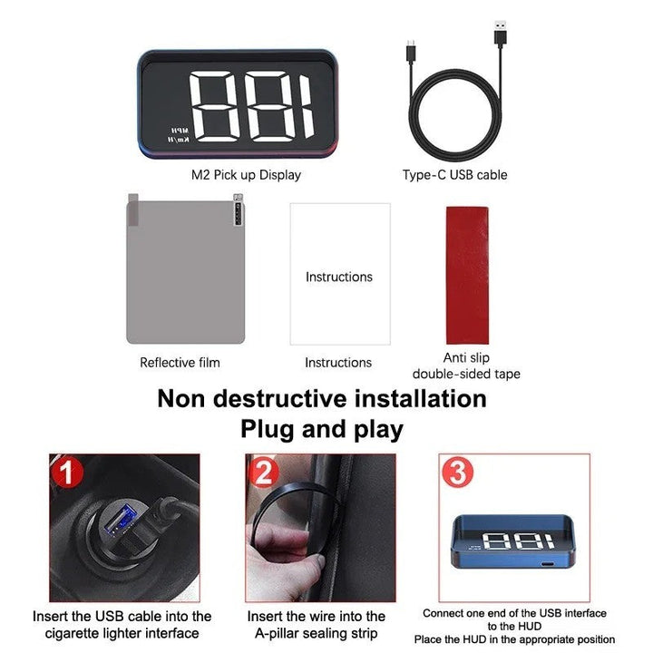 Kompakt HUD projektor för bil med USB-kabel och fäste