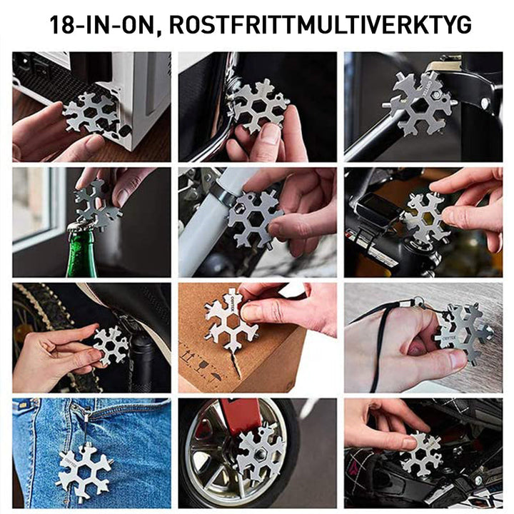 18-i-1 snöflinga multiverktyg i rostfritt stål, kompakt och hållbart med silverfinish, perfekt för gör-det-självare och trädgårdsentusiaster