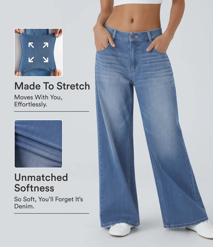 Byxlinning med hällor på stretchiga jeans med låg midja