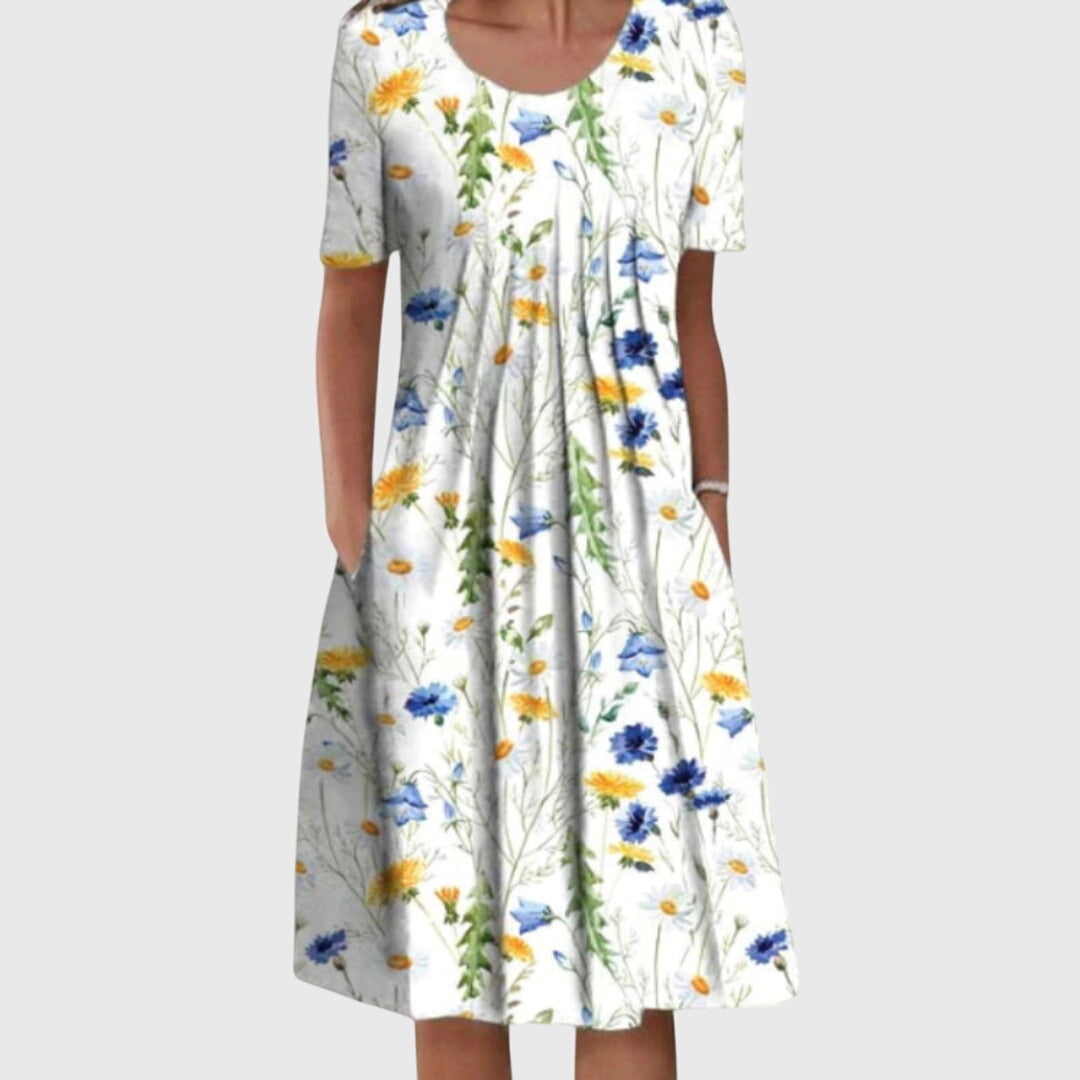 Damklänning Scarlett med gult blommönster och korta ärmar