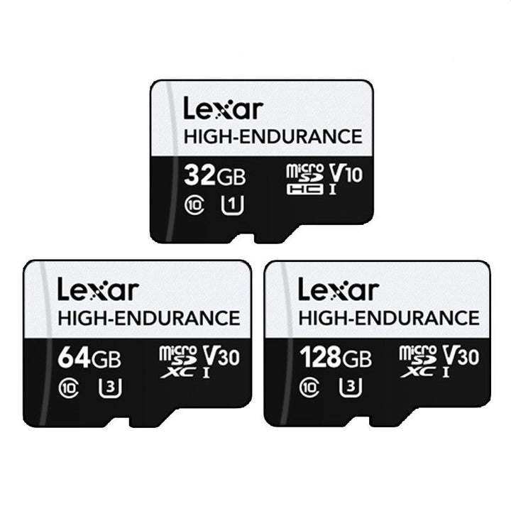 Tre olika Micro SD-kort med kapacitet 32GB, 64GB och 128GB