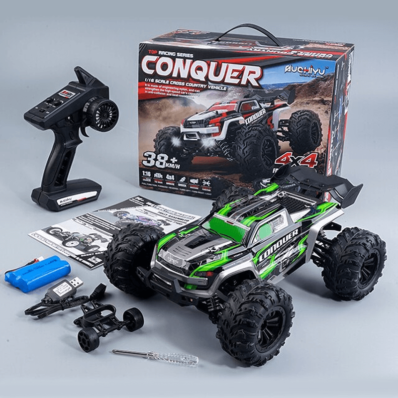 Grön RC-bil med förpackning, batteri och laddare