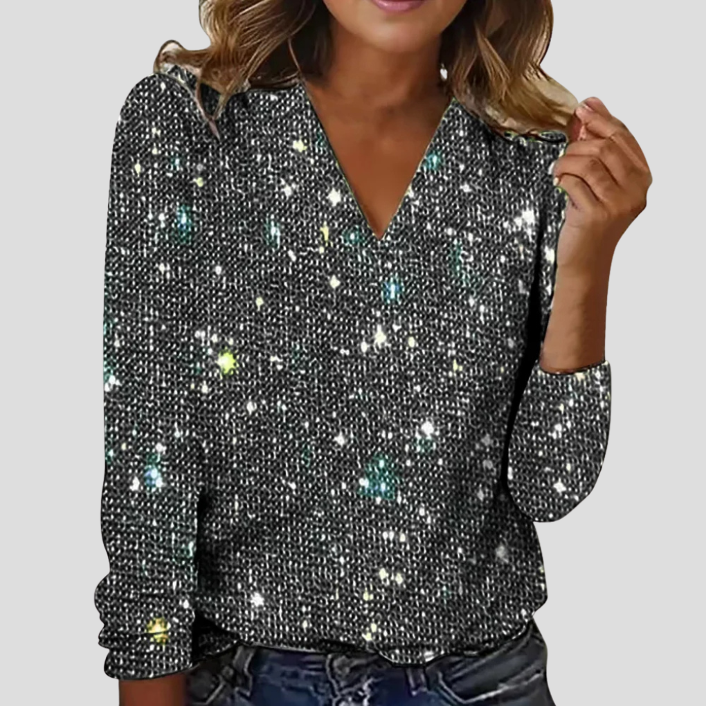 Damkläder glitterblus i grå färg med V-ringning och paljetter