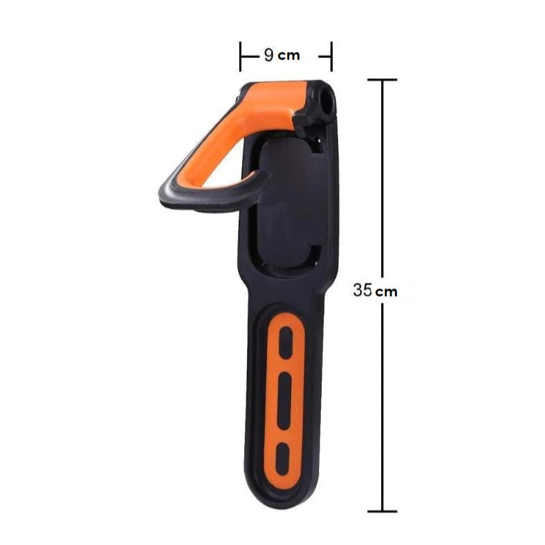 Svart och orange cykelupphängning med mått för montering