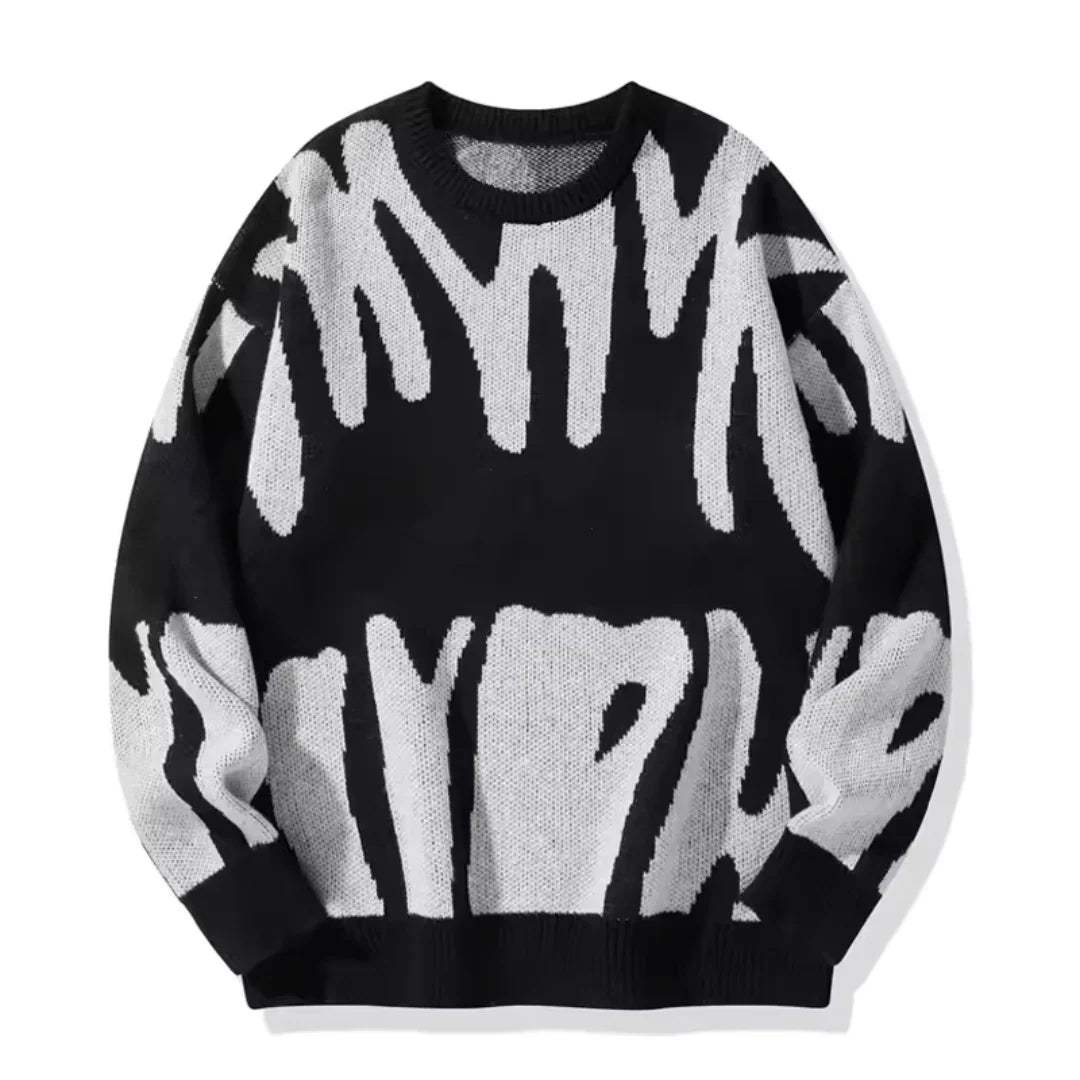 Svart stickad herrpullover med mönster