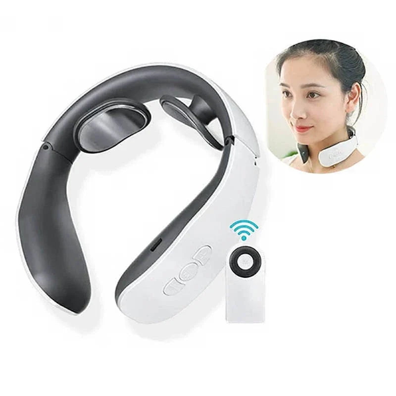Elektrisk nackmassager med vit och grå design och fjärrkontroll